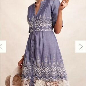 Anthropologie Blue and Cream Embroidered Midi Dress